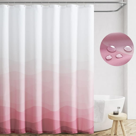 Ombre Pink Shower Curtain, Ocean Wave Modern Fabric Shower Curtains for Bathroom, Gradual Color Design Waterproof Shower Curtain Set with Hooks Machine Washable 72x72 inches