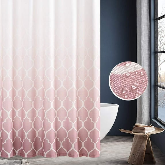 Ombre Pink Shower Curtain, Quatrefoil Pattern Fabric Shower Curtains for Bathroom Decor, Moroccan Tile Modern Waterproof shower Curtains with Hooks Aesthetic Gradual Color Design 72x72 Inches