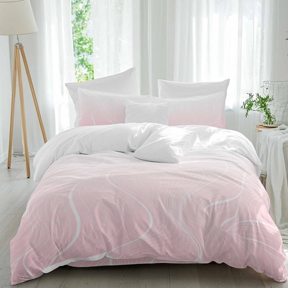 Ombre Pink Stripes Queen Size Comforter Set, Striped Lines Waves Gradient Bedding for All Seasons, 4 Pcs Bed Set, 1Quiltcover (90"x92") ,1Sheet(94"x116"), 2Pillowcases (30"x20")