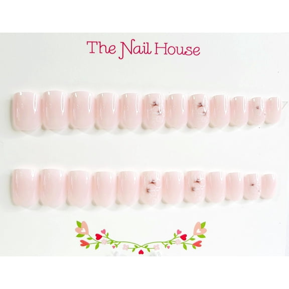 Ombre Pink and White with Flowers Glossy Extra Short Square Press-on Nails by The Nail House NH - 24 Pieces