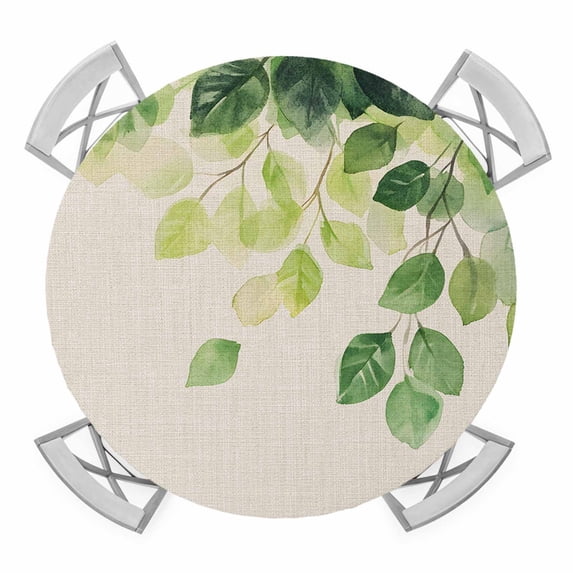 Ombre Plant Elastic Fitted Round Table Cover Green Yellow Leaves Waterproof Outdoor Tablecloth for Holiday Party, Picnic, Patio & Dining Fits Tables Up to 36"-44"