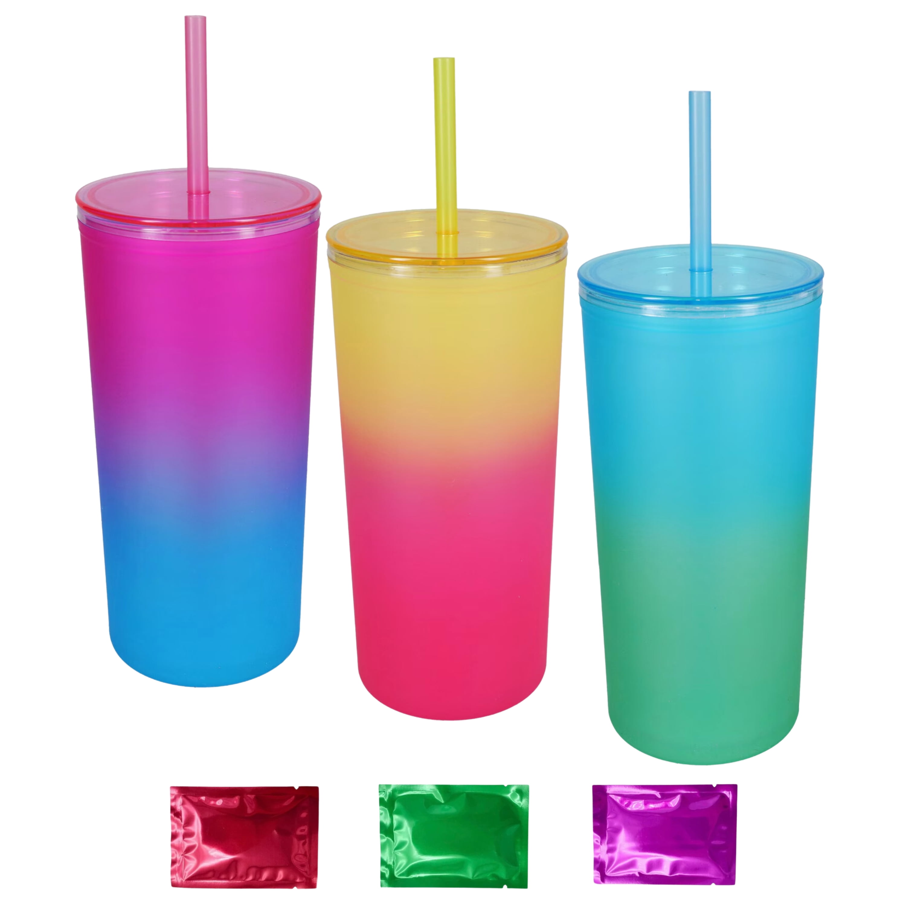 Ombre Plastic Tumblers with Lids and Straw 21 Oz Set of 3, Double Walled Cups Reusable Drinking