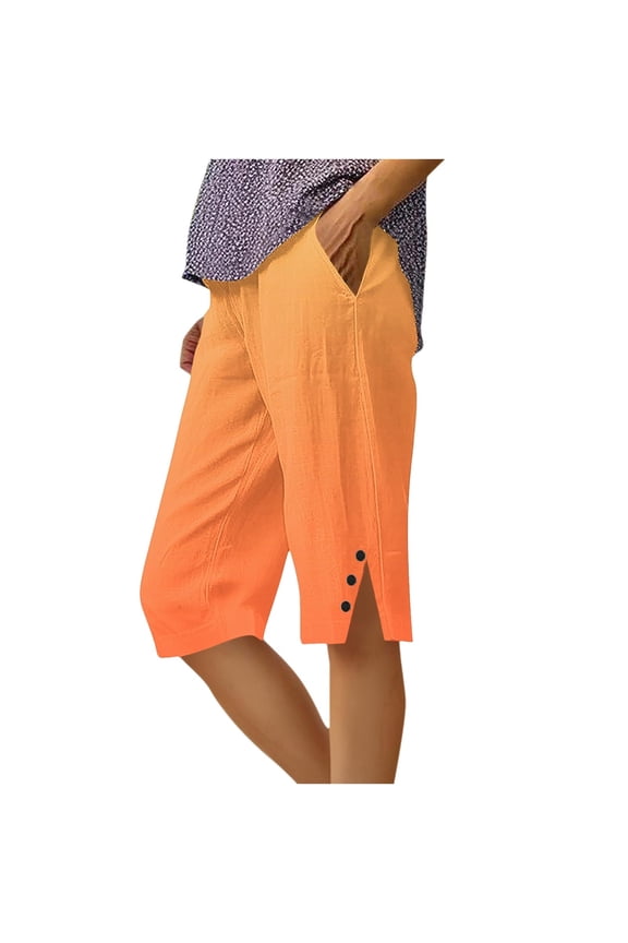 Ombre Print Side Slit Knee Length Shorts Women's Elastic Waist High Waist Button Decor Casual Capri Pants for Spring Summer Beach Seaside Wear