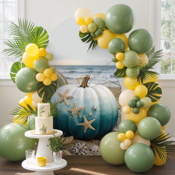 Ombre Pumpkins Arch Backdrop Cover, 5FT, Fall Beige Starfish Green Pumpkin Coastal Sea Shell Spandex Arch Covers Double-Sided Backdrop for Wedding Birthday Party Photo Background Decoration