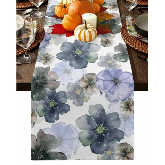 Ombre Purple Flower Table Runner-Cotton Linen- 72 Inch Holiday Dresser Scarves, Watercolor Blue Green Country Floral Tablerunner for Kitchen Coffee/Dining Bedroom Living Room Dinner Scarf Décor 16x72