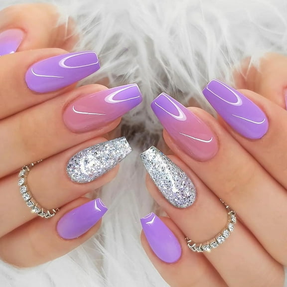 Ombre Purple Glossy Press On Nails Medium Length Coffin Acrylic Fake Nails with Silver Glitter Design Gradient Full Cover False Nails for Women and Girls, 24 Nails in 12 Sizes Ombre Apricot 12-Purple