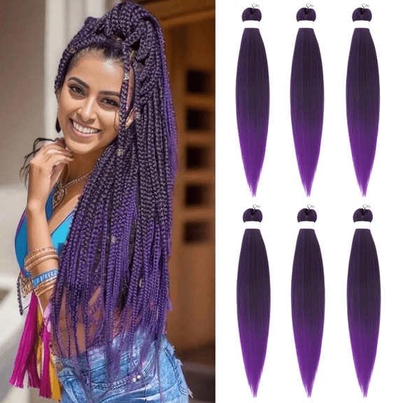 Ombre Purple Hair Extensions, 26 Inch 6 Packs Braiding Hair Pre Stretched Purple Yaki Braiding Hair Synthetic Hair Colored Braiding Hair Crochet Hair