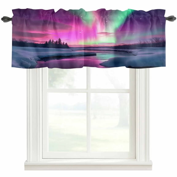 Ombre Purple Pink Aurora Window Valance Curtain Snow River Rod Pocket Short Curtain for Living Room, Bedroom & Kitchen Window Decor 42x12in