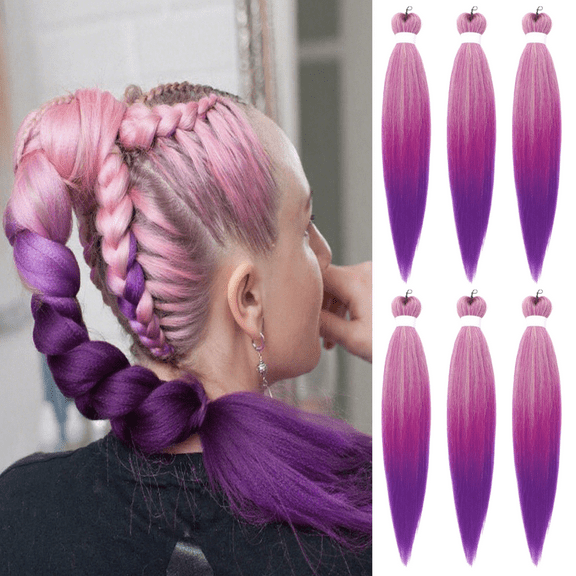 Ombre Purple Pink Hair Extensions, 26 Inch 6 Packs Braiding Hair Pre Stretched Purple Yaki Braiding Hair Synthetic Hair Colored Braiding Hair Crochet Hair