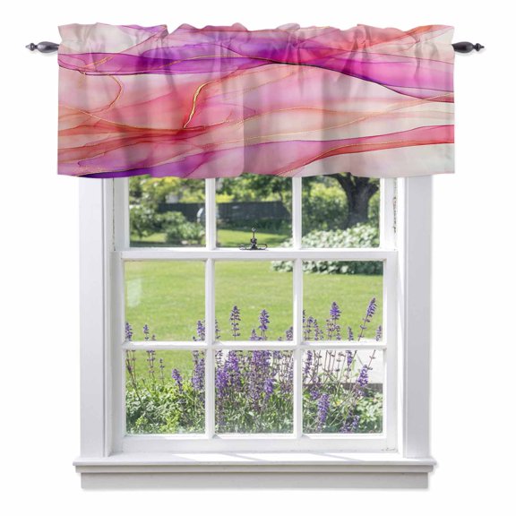 Ombre Purple Pink Marble Texture Valance Curtain Abstract Waves Art Window Valances Rod Pocket Short Curtains Window Treatments for Kitchen Bedroom Bathroom Laundry 42" x 18"