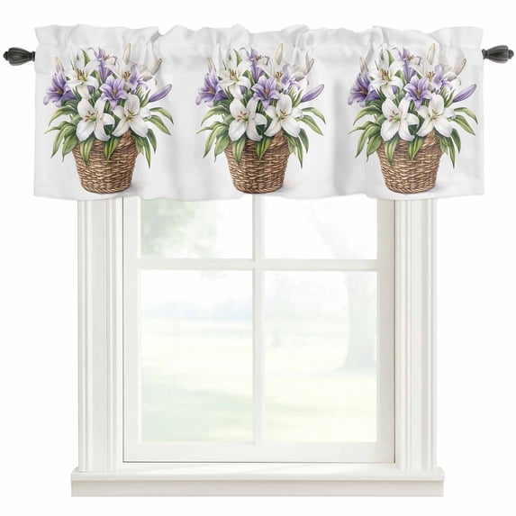 Ombre Purple White Lily Window Valance Curtain Watercolor Art Rod Pocket Short Curtain for Living Room, Bedroom & Kitchen Window Decor 54x18in
