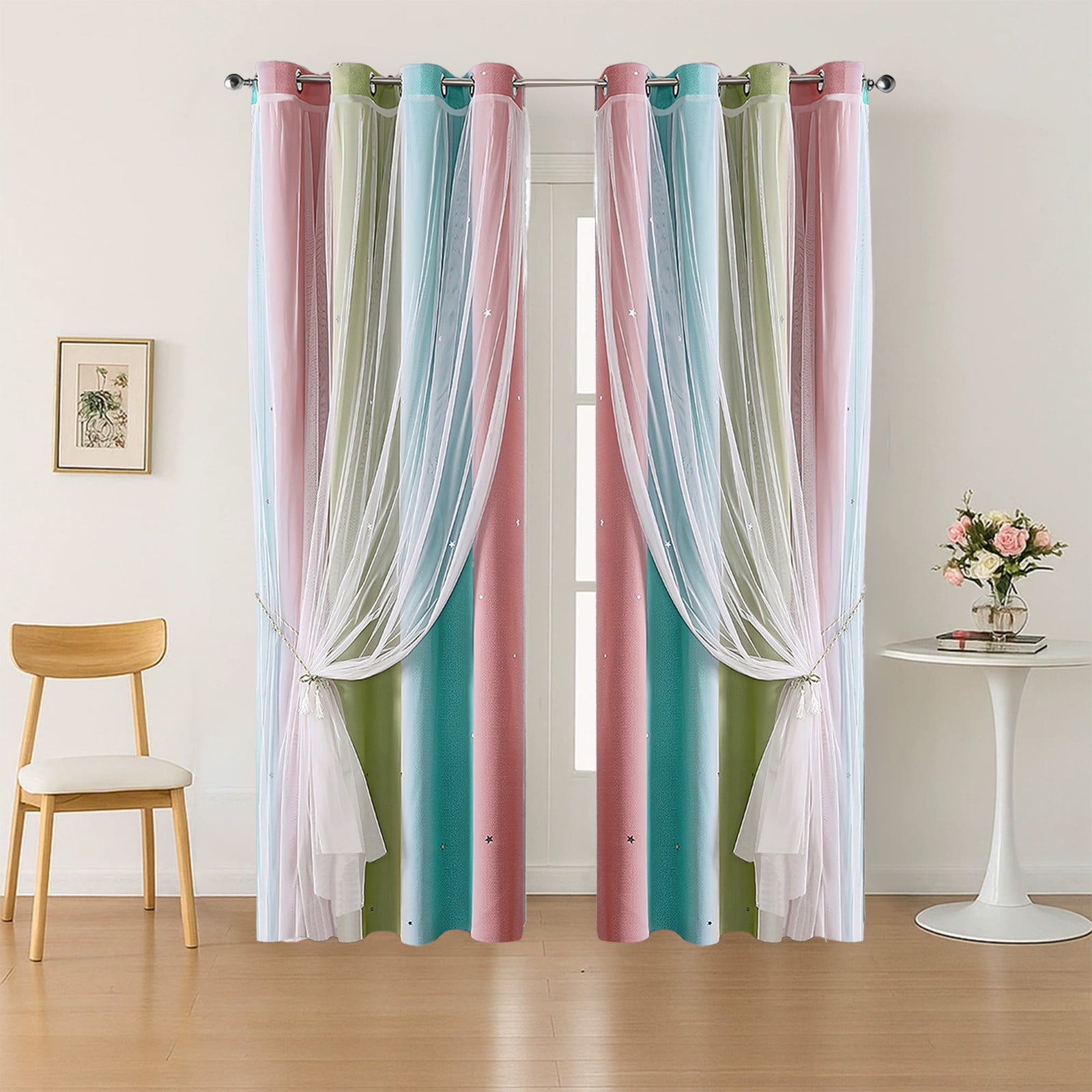 Ombre Rainbow Blackout Curtains for Girls Bedroom Living Room Darking Stripe Double Layer Star Cut Out Wall Home Decor Gradient Grommet Window Curtains (1 Panel, 39.37×51.18in)