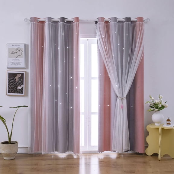 Ombre Rainbow Blackout Curtains for Kid Girls Bedroom Living Room Darking Stripe Double Layer Star Cut Out Wall Home Decor Gradient Grommet Window Curtains Pink Grey 52W x 63L