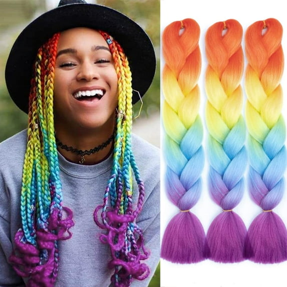 Ombre Rainbow Braiding Hair Extensions 24 Inch 3 Packs Synthetic High Temperature Jumbo Braiding Hair Twist Crochet Braids Hair for Women