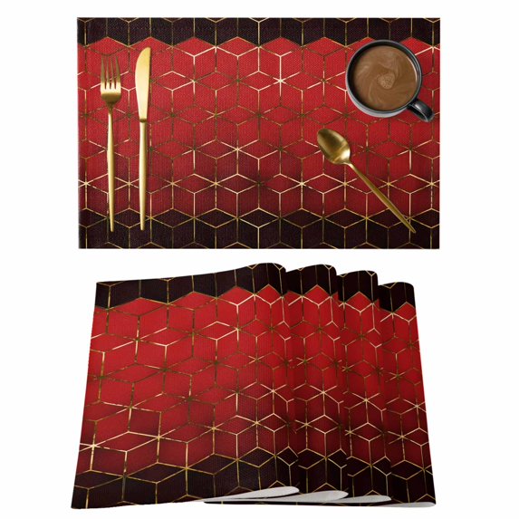 Ombre Red Geometric Placemats Set of 4, Modern Abstract Art Placemats for Dining Table, Place Mats for Kitchen Tabletop, Waterproof Wipeable Dining Table Mats Set
