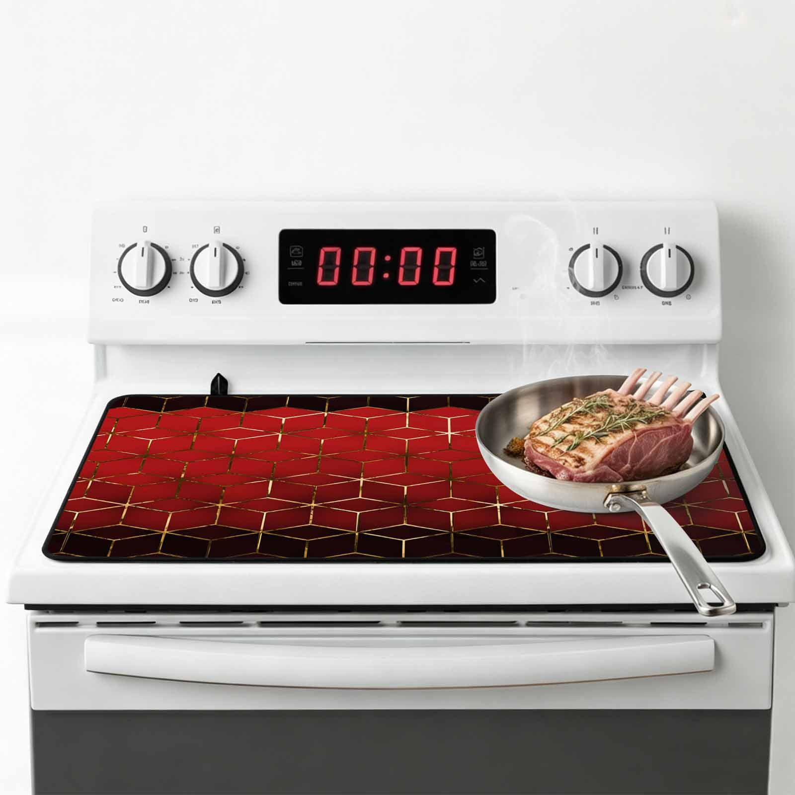 Ombre Red Geometric Stove Top Cover for Electric Stove, Heat-proof & Non Slip Glass Top Stove Cover Protector, Modern Abstract Art Kitchen Flat Cooktop Rubber Mat 24x21 Inches