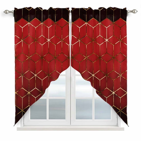 Ombre Red Geometric Swag Curtains for Kitchen/Bedroom/Living Room, Modern Abstract Art Scalloped Curtains 63 Inch Long, Rod Pocket Window Swag Topper Curtains Valances 2 Panels Set 36"x63"