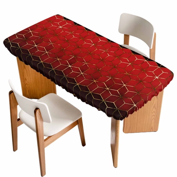 Ombre Red Geometric Table Cloths for 5 Foot Rectangle Tables, Modern Abstract Art Patio Waterproof Elastic Fitted Tablecloths, Washable Rectangular Table Cover for Camping