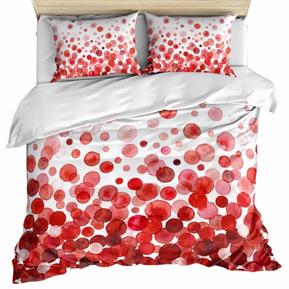 Ombre Red Polka Dot Bedding 3 Piece Duvet Cover Set Queen Size, Abstract Watercolor Geometric Gradient Microfiber Comforter Cover with Zipper Closure & Pillowcases, FadeResistant Quilt Cover