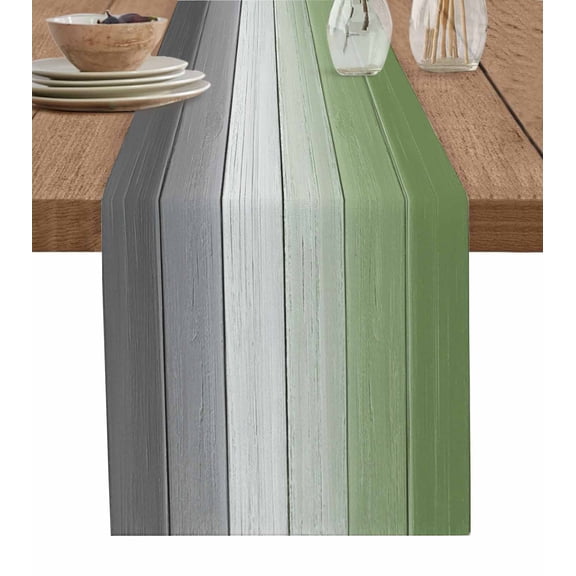 Ombre Sage Green Gray Wood Table Runners 90 Inches Long, Cotton Linen Fabric Table Runner Dresser Scarf, Gradient Country Rustic Grain Tablerunner for Party/Kitchen/Dinner/Wedding Decor 13''x90''
