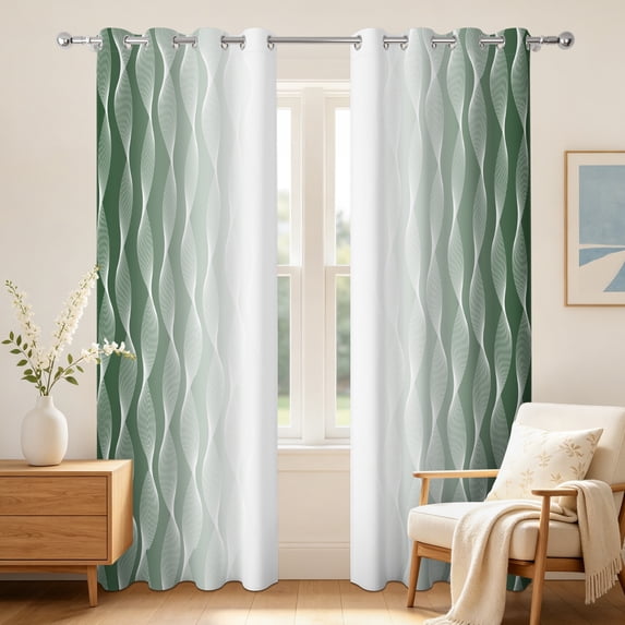 Ombre Sage Green Wave Blackout Curtains,2 Panels,52x84 Inch,Grommet Top,Thermal Insulated Light Blocking Window Drapes
