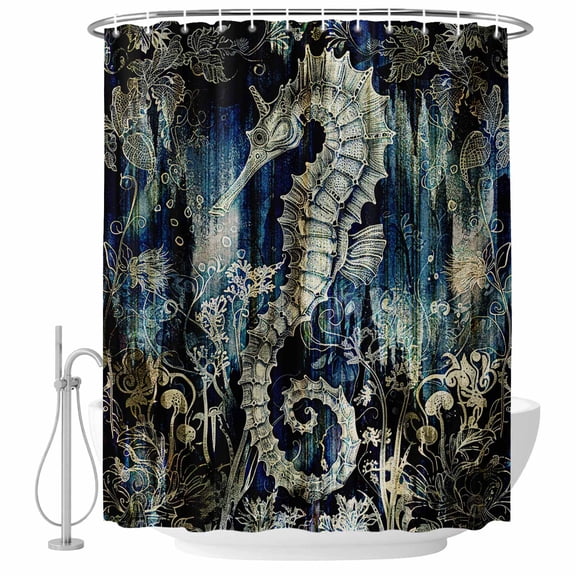 Ombre Seahorse Leaves Fabric Shower Curtain Gradient Ocean Nautical Washable Shower Curtains for Bathroom, Waterproof Bath Curtain with Hooks Home Decor 36x72in