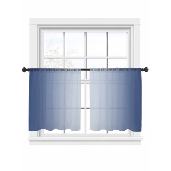 Ombre Sheer Curtains 45 inches Long 2 Panels Set Navy Blue Gradient Tiers Sheers Rod Pocket Small Window Short Curtains for Kitchen Cafe, Each 52" W x 45" L