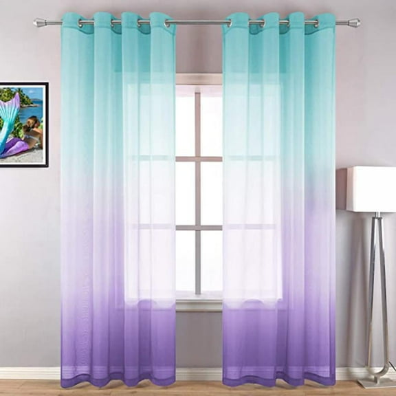 Ombre Sheer Curtains,Faux Linen Grommet Two-Color Linear Gradient Window Curtain Panels for Kids Girls Room Bedroom and Living Room Semi Voile 1 Panel Curtains,52*84inch Blue to Purple 1
