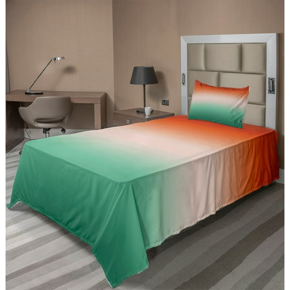Ambesonne Ombre Fitted & Top Sheet Set with Sham, Quirky Simple Color Change, Burnt Orange Sea Green
