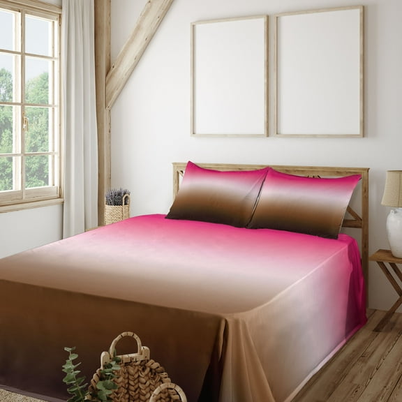 Ambesonne Ombre Fitted & Top Sheet Set with Shams, Simplistic Abstract, Hot Pink Chocolate