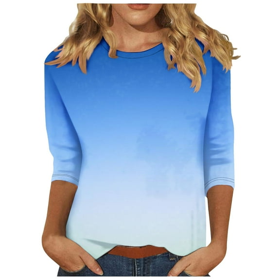 Ombre Shirts for Women Plus Size Casual Top Summer Cute Gradient Tunic Tees Crewneck Pullover Tops
