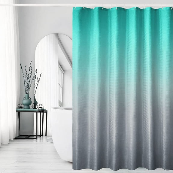 Ombre Shower Curtain, Teal Grey Gradient Fabric Shower Curtain, Waffle Weave Textured Bathroom Curtains Shower Set with Hooks, Water Repellent and Machine Washable, 72 x 72