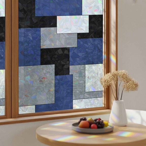 Ombre Square Splicing Plaid Window Privacy Film,Heat Control Sun Blocking Static Cling Rainbow Film,Color Block Non-Adhesive Glass Sticker Door Window Tint,17.7" x 39.3"