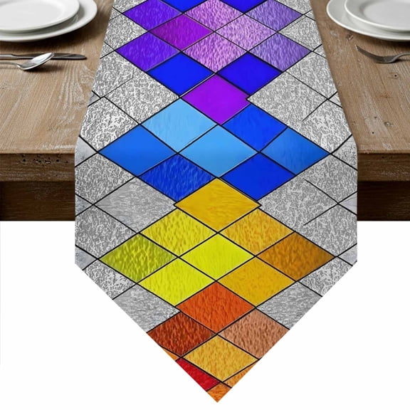 Ombre Stained Glass Table Runner Linen Burlap Table Runner 36 Inches Small Modern Abstract Geometric Art Dresser Scarves for Kitchen Island Coffee Dining Room Party Wedding Holiday Decor 13"x36"