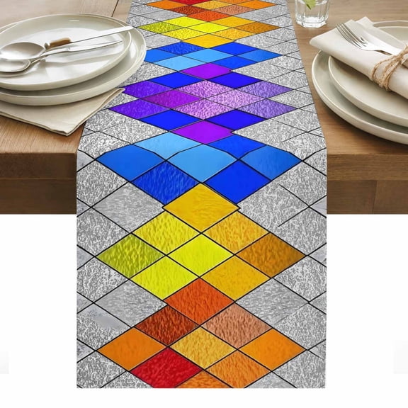 Ombre Stained Glass Table Runner Modern Abstract Geometric Art Tablerunners 13 x 36 Inch, Table Decorations Tabletop Scarf for Summer Gathering Holiday Farmhouse Kitchen Dining Decor