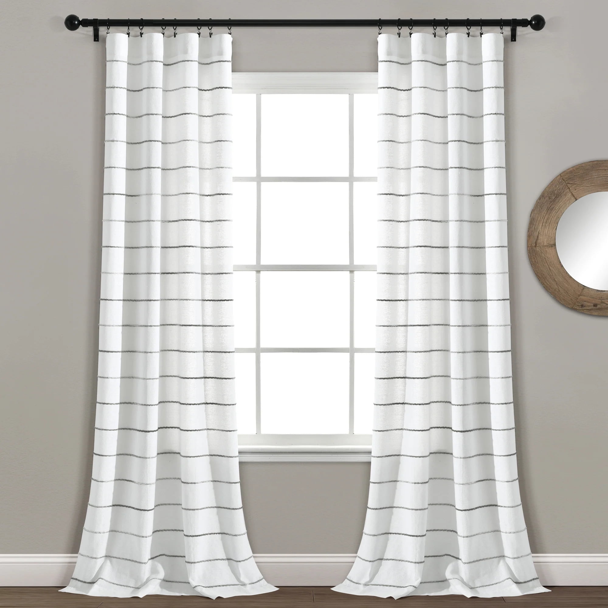 Gray and White Cotton Polyester Light-Filtering Window Curtain Panels
