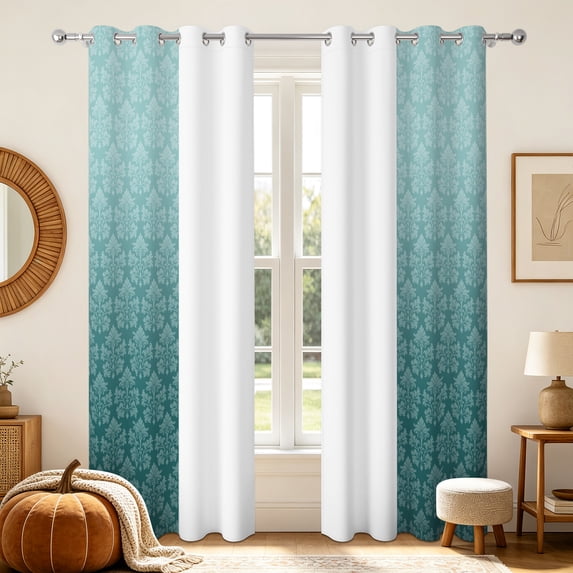 Ombre Teal Damask Blackout Curtains For Bedroom,Room Darking Thermal Insulated Window Drapes,Grommet Top,84 inch Length,2 Panels