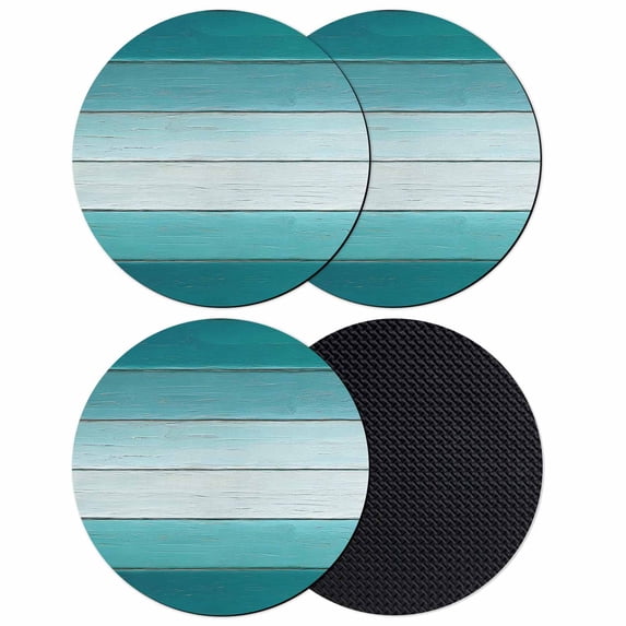 Ombre Teal Green Wood Coasters Set of 4, Gradient Country Rustic Grain Absorbent Coasters for Drinks, Coaster for Bar Office Dining Coffee Table Accessories Decor, Non Slip Round Desk Coaster