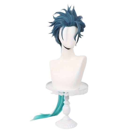 Ombre Teal Long Wavy Hair Wig with Updo and Ponytail - Stylish Synthetic Wig for Everyday Versatility