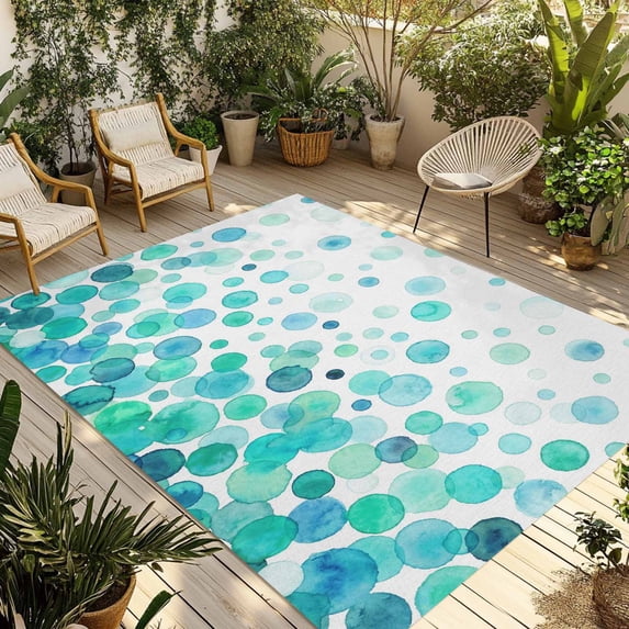Ombre Teal Polka Dot Outdoor Rug for Patio/Deck/Porch, Non-Slip Large Area Rug 4 x 6 Ft, Abstract Watercolor Geometric Gradient Indoor Outdoor Rugs Washable Area Rugs, Camping Rug Carpet Runner