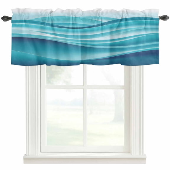 Ombre Teal Wave Window Valance Curtain Modern Abstract Ocean Rod Pocket Short Curtain for Living Room, Bedroom & Kitchen Window Decor 42x12in