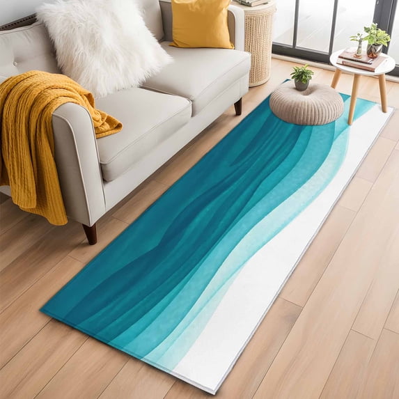 Ombre Teal Waves 2'x6' Runner Rugs for Hallway Kitchen Bedside Non Slip Washable, Abstract Art Gradient Modern Entryway Rug Runners with Rubber Backing, Long Carpet Runner for Laundry Room