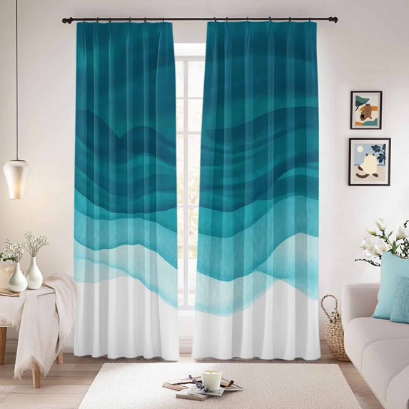 Ombre Teal Waves Blackout Curtains for Bedroom/Living Room, Pinch Pleated Black Out Curtains, Abstract Art Gradient Modern Room Darkening Window Drapes with Hooks 2 Panels, 39"x70"