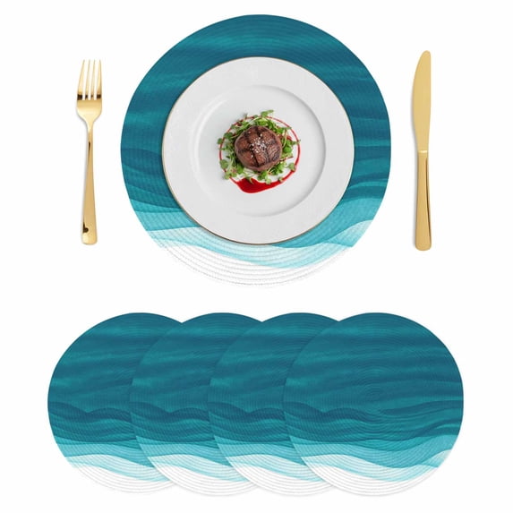 Ombre Teal Waves Round 13 Inch Placemats Set of 4, Abstract Art Gradient Modern HeatResistant Non Slip Place Mats for Dining Table, Wipeable Braided Kitchen Table Mats for Housewarming