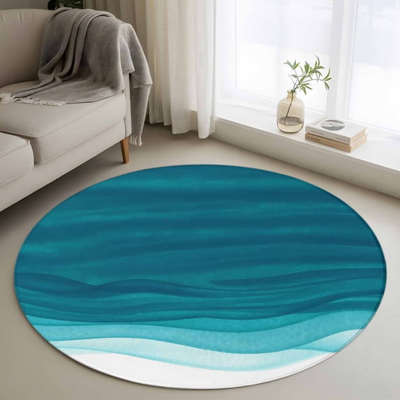 Ombre Teal Waves Round Area Rug 3.3Ft Washable Circle Rugs for Dining Room Table, Abstract Art Gradient Modern Non-Slip Carpet Floor Mats Indoor Outdoor Carpet Runner Aesthetic Home Decor