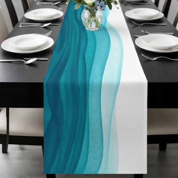 Ombre Teal Waves Table Runner 120 Inches Long, Abstract Art Gradient Modern Kitchen Coffee Dining Table Decoration for Home Party Birthday Wedding Home Decor 13x120 Inches