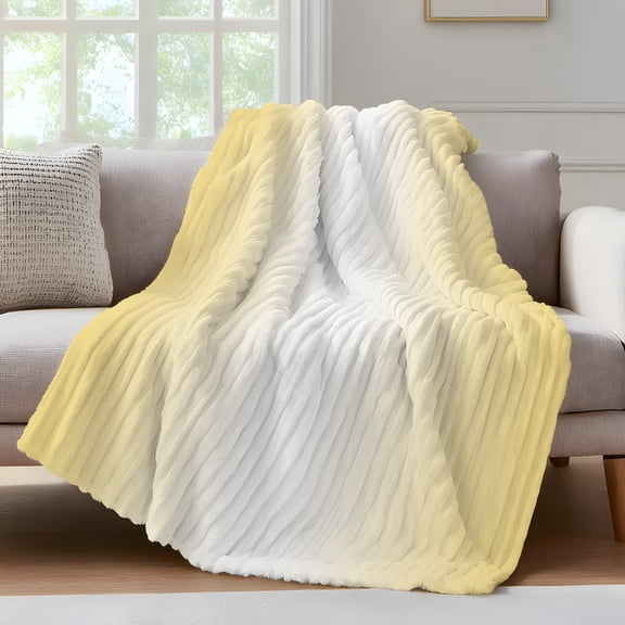 Ombre Throw Blanket for Couch Lemon Yellow and White Gradient Soft and Warm Flannel 3D Striped Fluffy Fuzzy Fleece Blanket Lightweight Throw for Bed, Sofa 30 x 40 Inches