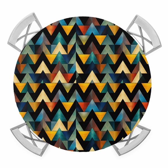 Ombre Triangle Elastic Fitted Round Table Cover Modern Geometric Art Waterproof Outdoor Tablecloth for Holiday Party, Picnic, Patio & Dining Fits Tables Up to 45"-54"