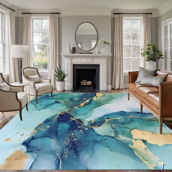 Ombre Turquoise Marble Area Rugs 5'x8', Washable Small Throw Rugs for Classroom Bedroom, Modern Minimalist Art Gradient Indoor Outdoor Rug Non-Slip Low Pile Carpet Runner Reversible Floor Mats