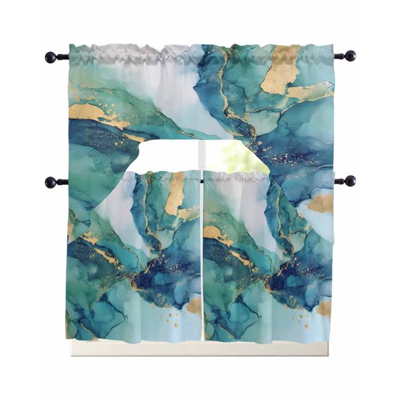 Ombre Turquoise Marble Swag Kitchen Curtains Sets for Windows 24 Inch Length, Modern Minimalist Art Gradient Short Window Curtain Panels Swags Valances and Tiers 3 Piece Set for Cafe/Dining Room
